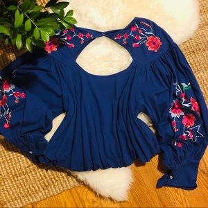Free People Embroidered Top Blue Floral